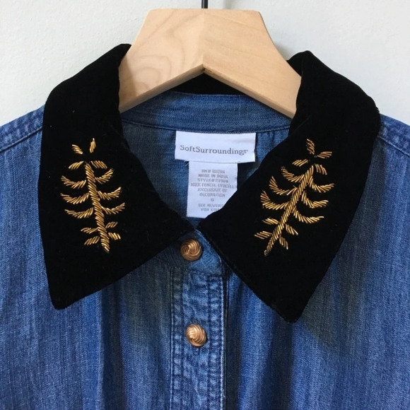 Soft surrounding Chambray velvet collar beaded embellished denim button down - Picture 4 of 9